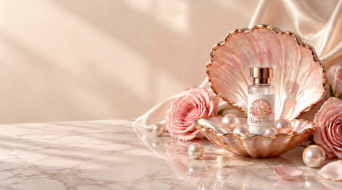 Peptide vial resting inside a pearlescent clam shell with pearls and roses